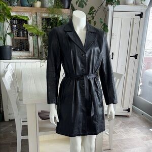 70s vintage Black Women's Belted Leather lined inside pocket teach style Coat